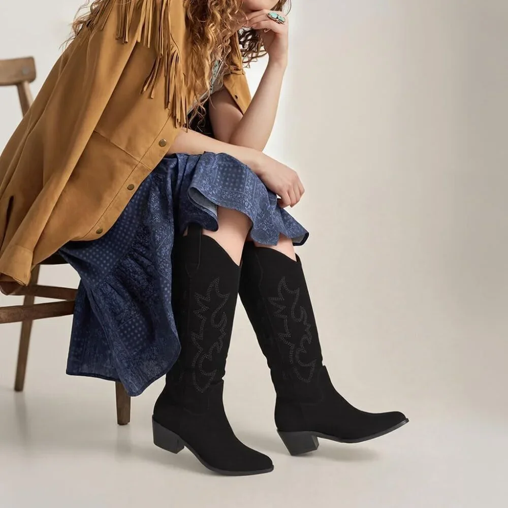 Women Black Suede Polyurethane Embroidered Chunky Heel Knee High Western Boot